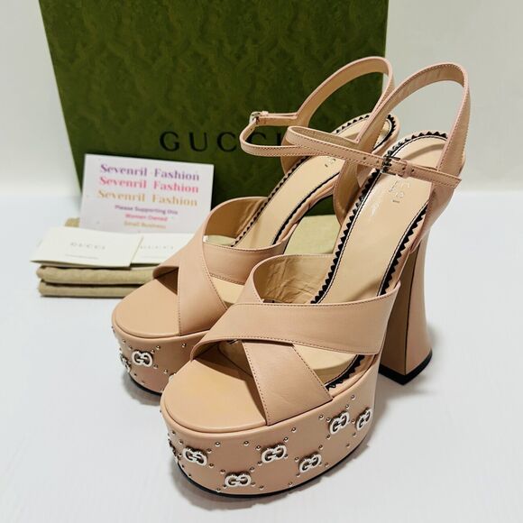 Gucci Janaya Pink Interlocking G Studs 39.5/ US 9.5 Heels Platform Sandals NIB - Picture 6 of 15